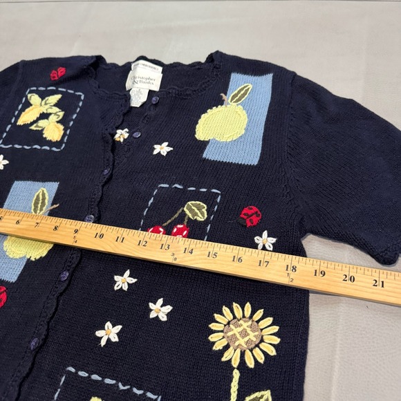 Christopher Bank Navy Blue Embroider Floral Short Sleeve Cardigan Sweater-6-4857 - Picture 7 of 9